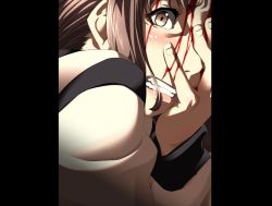 Rule 34 | 1girl, blood, blush, brown hair, clenched teeth, game cg, hand on own face, injury, koike nozomi, lips, looking at viewer, solo, staring, swan song, teeth, yandere