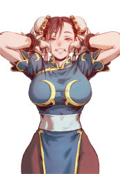 Rule 34 | 1girl, arms up, blue dress, bracelet, breasts, brown eyes, brown hair, bun cover, capcom, chun-li, cowboy shot, double bun, dress, fujii eishun, gold trim, grin, hair between eyes, hair bun, hands on own cheeks, hands on own face, highres, jewelry, large breasts, looking at viewer, puffy short sleeves, puffy sleeves, sash, short sleeves, simple background, smile, solo, spiked bracelet, spikes, street fighter, white background, white sash