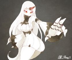Rule 34 | 10s, 1girl, abyssal ship, bare shoulders, breasts, claws, detached sleeves, dress, horns, kantai collection, large breasts, long hair, orange eyes, ribbed dress, seaport princess, shigino sohuzi, short dress, single horn, solo, thighs, very long hair, white hair