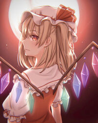 Rule 34 | 1girl, :|, backlighting, blonde hair, bloom, blush, bo cota, chromatic aberration, closed mouth, crystal, expressionless, flandre scarlet, full moon, hat, looking back, medium hair, mob cap, moon, moonlight, night, one side up, profile, puffy sleeves, red eyes, red moon, red sky, short sleeves, sky, solo, star (sky), touhou, upper body, wings