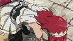 Rule 34 | 00s, 1boy, 1girl, animated, animated gif, cecily cambell, gloves, katana, lowres, luke ainsworth, open mouth, red eyes, red hair, seiken no blacksmith, subtitled, sword, weapon
