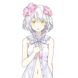 Rule 34 | 1girl, bare shoulders, blush, collar, flower, hair flower, hair ornament, hand on own chest, kudou chitose, lowres, midriff, navel, nijisanji, official art, open clothes, open mouth, ribbon, smile, solo, standing, straight-on, tachi-e, transparent background, upper body, virtual youtuber, white hair, yellow eyes