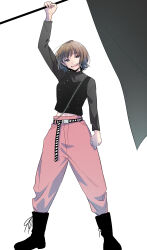 Rule 34 | 1girl, absurdres, belt, belt buckle, black belt, black eyes, black footwear, black shirt, boots, brown hair, buckle, chain, commentary request, flag, full body, highres, holding, holding flag, kashikaze, long sleeves, midriff peek, navel, open mouth, pants, pink pants, real life, saitou shuka, shirt, short hair, simple background, solo, standing, teeth, upper teeth only, voice actor, white background