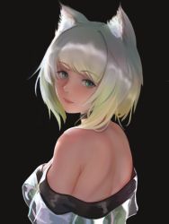 Rule 34 | 1girl, animal ear fluff, animal ears, arknights, bare shoulders, black background, black choker, blush, breasts, choker, closed mouth, dress, gradient hair, green dress, green eyes, highres, kal&#039;tsit (arknights), laozhanshi, lips, looking at viewer, looking back, medium breasts, multicolored hair, off-shoulder dress, off shoulder, revision, silver hair, simple background, solo, upper body
