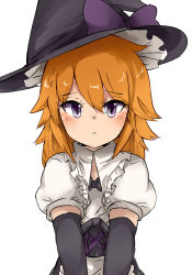 Rule 34 | 1girl, akane (cookie), black gloves, black hat, black skirt, blush, bow, closed mouth, commentary request, cookie (touhou), elbow gloves, expressionless, eyes visible through hair, gloves, hair between eyes, hat, hat bow, highres, kirisame marisa, light brown hair, long hair, looking at viewer, puffy short sleeves, puffy sleeves, purple bow, purple eyes, short sleeves, simple background, skirt, solo, touhou, underbust, upper body, white background, witch hat, yumekamaborosh