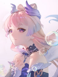 Rule 34 | 1girl, bilibilida, bubble, chinese commentary, choker, closed mouth, commentary request, detached sleeves, dress, genshin impact, hand up, highres, light smile, long hair, multicolored hair, pink hair, purple choker, purple dress, purple eyes, purple hair, purple sleeves, sangonomiya kokomi, solo, strapless, strapless dress, streaked hair, upper body