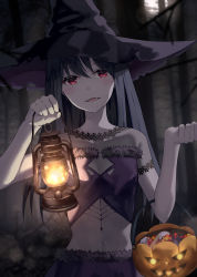 Rule 34 | 1girl, :d, absurdres, black hair, black hat, crop top, fang, hair between eyes, halloween, halloween bucket, hat, highres, holding, holding lantern, lantern, long hair, looking at viewer, midriff, navel, open mouth, original, red eyes, smile, solo, standing, stomach, straight hair, trick or treat, upper body, witch, witch hat, yeolyeo