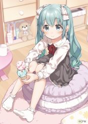Rule 34 | 1girl, aqua hair, black dress, blue eyes, bow, collared shirt, commentary request, cup, double scoop, dress, food, frilled bow, frilled socks, frills, full body, hair between eyes, hair bow, hatsune miku, highres, holding, holding food, holding ice cream, ice cream, ice cream cone, indoors, knees up, long hair, mug, no shoes, red bow, shirt, sitting, sleeveless, sleeveless dress, socks, solo, stuffed animal, stuffed toy, table, teddy bear, twintails, twitter username, very long hair, vocaloid, white bow, white shirt, white socks, yukie (kusaka shi)