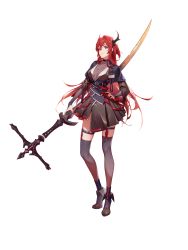 Rule 34 | 1girl, absurdres, alternate costume, arknights, black dress, black footwear, cross, cross necklace, dress, full body, grey thighhighs, hair intakes, hand on own hip, highres, holding, holding sword, holding weapon, horns, huge filesize, incredibly absurdres, jewelry, kttwodog, long hair, looking at viewer, necklace, purple eyes, red hair, shoes, short dress, solo, standing, surtr (arknights), sword, thighhighs, transparent background, very long hair, weapon, zettai ryouiki