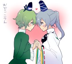 Rule 34 | 2girls, 6 (yuchae), blush, eye contact, face-to-face, forehead-to-forehead, green eyes, green hair, holding hands, hat, heads together, heart, interlocked fingers, looking at another, mononobe no futo, multiple girls, ponytail, short hair, silver hair, smile, soga no tojiko, tate eboshi, touhou, translation request, wide sleeves, yuri