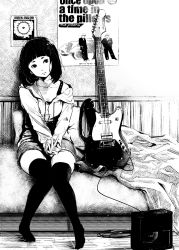 Rule 34 | 1girl, amplifier, artist request, bed, blanket, blunt bangs, cable, commentary request, greyscale, guitar, head tilt, highres, hood, hoodie, indoors, instrument, knees together feet apart, medium hair, monochrome, original, own hands together, poster (object), short eyebrows, shorts, sitting, solo, the pillows, thighhighs