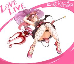 Rule 34 | 1girl, 2018, asymmetrical wings, bow, breasts, commentary request, dated, demon tail, demon wings, fishnet thighhighs, fishnets, flower, gloves, green eyes, happy birthday, high heels, highres, holding, holding weapon, large breasts, love live!, love live! school idol festival, love live! school idol project, mini wings, mismatched wings, pink footwear, pink gloves, polearm, pumps, purple hair, red flower, red rose, rose, shiro murasaki, solo, spaghetti strap, strap gap, tail, tail censor, thighhighs, tojo nozomi, trident, upskirt, weapon, wings