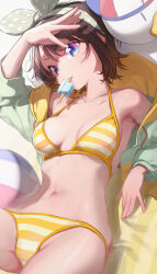 ball beachball bikini breasts brown_hair food food_in_mouth hair_ornament highres hololive jacket lying navel nilitsu on_back oozora_subaru oozora_subaru_(hololive_summer_2019) open_clothes open_jacket popsicle popsicle_in_mouth string_bikini striped_bikini striped_clothes swimsuit virtual_youtuber