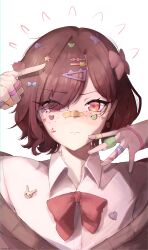 Rule 34 | 1girl, absurdres, arms up, artist name, bandaid, bandaid on face, bandaid on nose, brown cardigan, brown hair, cardigan, decora, freckles, hair ornament, highres, higuchi madoka, idolmaster, idolmaster shiny colors, looking at viewer, mintshiiii, mole, mole under eye, red eyes, school uniform, simple background, solo, sticker on face, upper body, white background