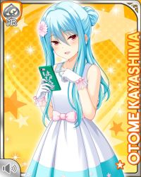 Rule 34 | 1girl, alternate hairstyle, blue hair, bow, card, character name, dress, girlfriend (kari), kayashima otome, long hair, mobile phone, official art, open mouth, qp:flapper, red eyes, smile, standing, tagme, very long hair, white bow, white dress, yellow background