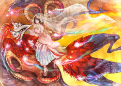 Rule 34 | 1girl, bare shoulders, bridal veil, brown hair, detached sleeves, dress, closed eyes, final fantasy, final fantasy x, flying, halter dress, halterneck, hand on another&#039;s face, horns, long dress, medium hair, nexeee, pink dress, pyrefly, sandals, valefor, veil, wide sleeves, wings, yellow background, yellow eyes, yuna (ff10)