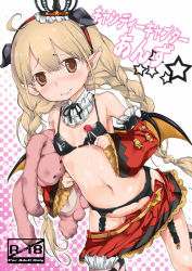 Rule 34 | 10s, 1girl, animal ears, bikini, black bikini, blonde hair, blush, braid, brown eyes, candy, clothes pull, content rating, cover, cover page, food, futaba anzu, garter belt, garter straps, groin, hairband, halftone, halftone background, heart, idolmaster, idolmaster cinderella girls, lollipop, navel, no panties, pointy ears, rokuichi, skirt, skirt pull, smile, solo, star (symbol), swimsuit, translation request, twin braids, twintails