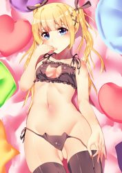 Rule 34 | 1girl, animal ear legwear, black bra, black panties, black thighhighs, blush, bra, breasts, cat cutout, cat ear legwear, cat ear panties, cat lingerie, cleavage cutout, clothing cutout, dead or alive, dead or alive 5, finger in own mouth, frilled bra, frills, gluteal fold, groin, hair ornament, hair ribbon, highres, looking at viewer, marie rose, meme attire, navel, nishisan (mikurosu), panties, ribbon, side-tie panties, small breasts, solo, thighhighs, underwear, underwear only, untied panties, x hair ornament