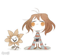 Rule 34 | black shorts, blush, boots, brown footwear, brown hair, cape, closed mouth, flowey (undertale), frisk (undertale), open mouth, petals, phuijl, plant, shirt, shorts, single eye, smile, striped clothes, striped shirt, tall, toon (style), undertale, white cape