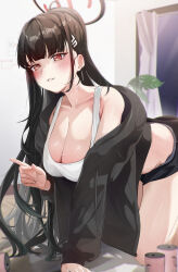 Rule 34 | 1girl, absurdres, all fours, black footwear, black hair, black jacket, blue archive, blush, breasts, can, cleavage, collarbone, crop top, halo, highres, indoors, jacket, jacket partially removed, large breasts, leaning forward, long hair, red eyes, rio (blue archive), smile, solo, tank top, toge0toge0, very long hair, white tank top