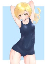 Rule 34 | 1girl, aged up, arms behind head, blonde hair, blue background, blue one-piece swimsuit, border, breasts, bunoshii, collarbone, cowboy shot, highres, long hair, looking at viewer, monogatari (series), mouth hold, one-piece swimsuit, oshino shinobu, rubber band, school swimsuit, small breasts, solo, standing, swimsuit, two-tone background, wet, wet clothes, wet swimsuit, white border, yellow eyes