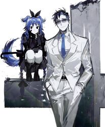 Rule 34 | 1boy, 1girl, absurdres, animal ears, belt, black belt, black bow, black eyes, black footwear, black gloves, black hair, black jacket, blue hair, blue necktie, boots, bow, braid, collared shirt, commentary, cross, dog ears, dog tail, formal, gloves, hair bow, highres, jacket, latin cross, long hair, looking at viewer, multicolored hair, necktie, original, pants, remsrar, shirt, squatting, streaked hair, suit, sunglasses, tail, twin braids, very long hair, white jacket, white pants, white shirt, white suit