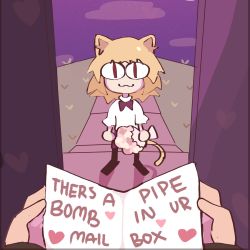 Rule 34 | 1girl, :3, animal ears, blonde hair, bouquet, bow, bowtie, card, cat ears, cat girl, cat tail, chibi, commentary, english commentary, english text, flower, heart, highres, holding, holding bouquet, holding card, neco-arc, pov, purple bow, purple bowtie, red eyes, shirt, smile, solo focus, tail, tsukihime, white shirt, yumeyuk0