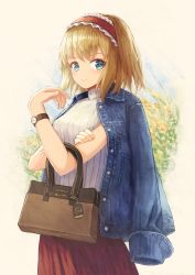 Rule 34 | 1girl, alice margatroid, alternate costume, arms up, bad id, bad pixiv id, bag, blonde hair, blue eyes, blue jacket, casual, commentary, contemporary, cowboy shot, denim, denim jacket, floral background, hairband, hand on own arm, handbag, jacket, jacket on shoulders, lolita hairband, looking at viewer, ookashippo, pink background, red skirt, short hair, skirt, smile, solo, standing, sweater, touhou, turtleneck, turtleneck sweater, watch, white sweater, wristwatch