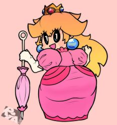Rule 34 | 0 0, 1girl, :d, artist logo, artist name, ass, blonde hair, blush stickers, clenched hand, crown, dress, earrings, elbow gloves, eyelashes, full body, glint, gloves, hands up, highres, holding, holding umbrella, huge ass, jewelry, long dress, long hair, looking at viewer, mario (series), nintendo, no nose, open mouth, outline, parasol, pink background, pink dress, pink umbrella, princess, princess peach, puffy short sleeves, puffy sleeves, riawanaa, short sleeves, smile, solo, sphere earrings, super mario rpg, umbrella, white gloves