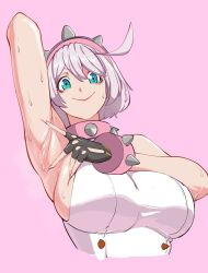 Rule 34 | 1girl, arm up, armpits, blue eyes, bracelet, breasts, collar, elphelt valentine, female focus, fingerless gloves, gloves, guilty gear, guilty gear strive, highres, jewelry, large breasts, looking at viewer, octavius dp, short hair, sideboob, simple background, solo, spiked bracelet, spiked collar, spikes, sweat, upper body, white hair