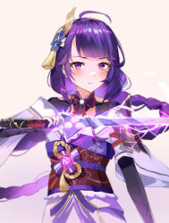 Rule 34 | 1girl, armor, blush, braid, breasts, bridal gauntlets, cleavage, commentary, electricity, english commentary, floral print, genshin impact, hair ornament, highres, holding, holding sword, holding weapon, japanese clothes, kimono, large breasts, long hair, long sleeves, looking at viewer, mitsudomoe (shape), mole, mole under eye, nail polish, nimiru namire, obi, obiage, obijime, open mouth, purple eyes, purple hair, purple nails, raiden shogun, sash, shoulder armor, solo, sword, tassel, thighhighs, tomoe (symbol), weapon, wide sleeves
