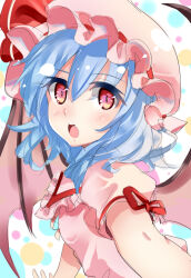 Rule 34 | 1girl, bat wings, blue hair, commentary request, fang, hat, hat ribbon, looking at viewer, mob cap, multicolored background, nagare, open mouth, pink hat, red eyes, red ribbon, remilia scarlet, ribbon, short hair, short sleeves, solo, touhou, upper body, wings