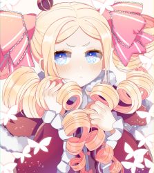 Rule 34 | 1girl, beatrice (re:zero), blonde hair, blue eyes, blush, bug, butterfly, butterfly-shaped pupils, closed mouth, commentary request, crown, drill hair, frills, frown, fur trim, hair ornament, hair ribbon, highres, holding, holding own hair, insect, kayupon, long hair, long sleeves, looking at viewer, mini crown, re:zero kara hajimeru isekai seikatsu, ribbon, solo, symbol-shaped pupils, twin drills, upper body