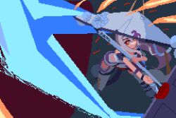Rule 34 | attack, brodall pixel, clothing cutout, from above, goddess of victory: nikke, grey hair, hat, hip vent, holding, holding sword, holding weapon, jingasa, large hat, leotard, long hair, looking at viewer, pixel art, scarlet (nikke), slashing, sparks, sword, weapon, white leotard, yellow eyes