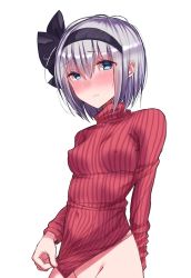 Rule 34 | 1girl, aqua eyes, black bow, black hairband, blush, bow, breasts, closed mouth, covered erect nipples, embarrassed, groin, hair between eyes, hair bow, hairband, heattech leotard, highres, konpaku youmu, leotard, long sleeves, looking at viewer, nose blush, otowa (otoha4634), out-of-frame censoring, red leotard, ribbed leotard, short hair, silhouette, simple background, small breasts, solo, striped clothes, striped leotard, touhou, turtleneck, upper body, vertical-striped clothes, vertical-striped leotard, wavy mouth, white background