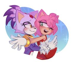 Rule 34 | 2girls, amy rose, animal ears, blaze the cat, blush, cat ears, cat girl, cheek-to-cheek, dress, eejnpony, eyelashes, forehead jewel, fur-trimmed gloves, fur trim, furry, furry female, gloves, gold necklace, green eyes, heads together, hug, jacket, jewelry, multiple girls, necklace, one eye closed, open mouth, pink fur, ponytail, purple fur, purple jacket, red dress, smile, sonic (series), white gloves, yellow eyes, yuri