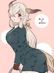 Rule 34 | 1girl, alternate costume, bow, brown eyes, brown gloves, collared shirt, commentary request, cowboy shot, formal, gloves, grey skirt, grey suit, hair bow, hair over one eye, highres, jacket, kemono friends, long hair, long sleeves, looking at viewer, office lady, ox ears, ox girl, ox horns, pencil skirt, shirt, skirt, solo, suicchonsuisui, suit, suit jacket, translation request, twintails, white hair, white shirt, yak (kemono friends)