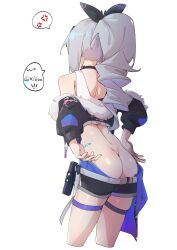 Rule 34 | 1girl, absurdres, anger vein, ass, bandaid, black jacket, black shorts, butt crack, clothes pull, cropped jacket, cropped legs, drill hair, drill ponytail, facing away, from behind, fur-trimmed jacket, fur trim, grey hair, highres, hinanawi mika, honkai: star rail, honkai (series), jacket, long hair, shorts, shorts pull, silver wolf (honkai: star rail), simple background, solo, speech bubble, spoken anger vein, thigh strap, white background