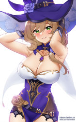 Rule 34 | 1girl, armpits, arms up, bare arms, bare shoulders, belt, breasts, brown hair, cleavage, collarbone, corrupted metadata, cowboy shot, dress, fukuro daizi, gem, genshin impact, gold trim, green eyes, grin, hat, highres, jewelry, large breasts, lisa (genshin impact), long hair, looking at viewer, necklace, parted lips, purple dress, purple gemstone, purple hat, simple background, sleeveless, sleeveless dress, smile, solo, standing, strapless, strapless dress, white background, witch hat