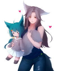 Rule 34 | 1girl, absurdres, animal ears, bare arms, bare shoulders, blue pants, blue shirt, character doll, collarbone, cowboy shot, denim, grey hair, heart, highres, holding, jeans, long hair, long sleeves, looking at viewer, original, pants, parted bangs, pleated skirt, shimmer, shirt, simple background, skirt, smile, torn clothes, torn pants, white background, white skirt