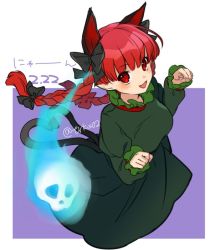Rule 34 | 1girl, animal ears, bad id, bad twitter id, blush stickers, bow, braid, breasts, cat ears, cat tail, dress, floating skull, hair bow, kaenbyou rin, long hair, looking at viewer, multiple tails, open mouth, paw pose, red eyes, red hair, smile, solo, tail, tori (otori), touhou, twin braids, twitter username, two tails