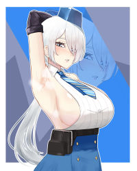 Rule 34 | 1girl, absurdres, aji (p391), arm up, armpits, bare shoulders, belt, belt pouch, black belt, blue eyes, blue headwear, blue necktie, blue skirt, blush, border, breasts, brid (nikke), bridal gauntlets, collarbone, collared shirt, commentary, goddess of victory: nikke, grey hair, hair between eyes, high-waist skirt, highres, large breasts, long hair, looking at viewer, low ponytail, necktie, parted lips, pouch, shirt, sideboob, sidelocks, skirt, sleeveless, sleeveless shirt, solo, standing, striped necktie, sweat, underbust, upper body, white border, white shirt, zoom layer