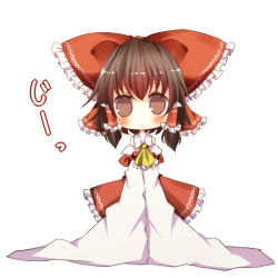 Rule 34 | 1girl, bad id, bad pixiv id, bow, brown hair, chibi, detached sleeves, female focus, full body, hair bow, hakurei reimu, japanese clothes, miko, oversized clothes, pasutel, simple background, solo, touhou, white background