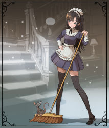 Rule 34 | 1girl, animal, apron, black hair, black thighhighs, broom, commentary, framed image, full body, hand on own hip, highres, indoors, long hair, maid, maid apron, maid headdress, mouse (animal), original, thighhighs, ume (illegal bible)