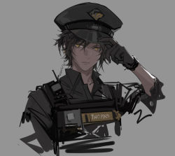 Rule 34 | 1boy, arknights, black gloves, black hair, black hat, black shirt, character name, cropped torso, earpiece, gloves, grey background, hand on headwear, hand up, hat, highres, male focus, official alternate costume, peaked cap, saria (arknights), saria (the law) (arknights), shirt, short hair, simple background, solo, thorns (arknights), upper body, walkie-talkie, xiandao1213, yellow eyes