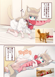 Rule 34 | 1girl, 40hara, all fours, animal collar, animal ear fluff, animal ears, aqua eyes, barefoot, blonde hair, blunt bangs, bottomless, cat ears, cat tail, collar, comic, highres, kinako (40hara), long hair, mouth hold, no panties, orange cat, original, personification, photo inset, print shirt, red collar, reference inset, reference photo, shirt, solo, stuffed animal, stuffed toy, tail, toes, translation request, wooden floor