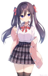 Rule 34 | 1girl, arm at side, black hair, black thighhighs, blush, bow, bowtie, buttons, cardigan, collared shirt, cowboy shot, dress shirt, eyes visible through hair, hair between eyes, hair intakes, hair ribbon, twirling hair, hand up, head tilt, highres, legs together, long hair, long sleeves, looking at viewer, off shoulder, original, over-kneehighs, pink cardigan, plaid, plaid skirt, pleated skirt, purple eyes, red bow, red bowtie, red ribbon, ribbon, school uniform, shirai tanuki, shirt, shirt tucked in, sidelocks, simple background, skirt, sleeves past wrists, smile, solo, standing, thighhighs, twintails, twitter username, white background, white shirt, wing collar, zettai ryouiki