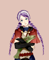 Rule 34 | 1girl, ahoge, alternate hair color, animal, blue eyes, braid, capelet, dierwe, fire emblem, fire emblem fates, fish, hairband, holding, holding animal, holding fish, hood, hood down, hooded capelet, long hair, low twin braids, nina (fire emblem), nintendo, parted bangs, purple hair, red capelet, red hood, solo, twin braids