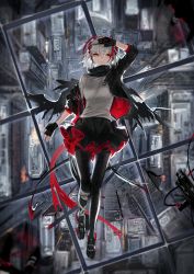 Rule 34 | 1girl, absurdres, ahoge, arknights, bandaged leg, bandages, black gloves, black jacket, black pantyhose, black scarf, black skirt, blurry, breasts, city, commentary, demon horns, demon tail, depth of field, detonator, english commentary, falling, fingerless gloves, fire, frilled skirt, frills, from above, full body, gloves, grey shirt, hair between eyes, hand on own head, highres, holding, horns, jacket, light smile, looking away, looking to the side, medium breasts, miniskirt, open clothes, open jacket, open mouth, pantyhose, red eyes, red hair, scarf, shirt, short hair, silver hair, skirt, solo, sowb, tail, torn clothes, w (arknights), window