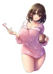 Rule 34 | 1girl, bottomless, breasts, brown eyes, brown hair, cleavage, closed mouth, commentary, cowboy shot, cup, fingernails, hair between eyes, holding, holding cup, holding toothbrush, large breasts, lips, long sleeves, looking at viewer, medium hair, naidong (artist), original, pajamas, pink shirt, shirt, sidelocks, simple background, smile, symbol-only commentary, toothbrush, toothpaste, white background